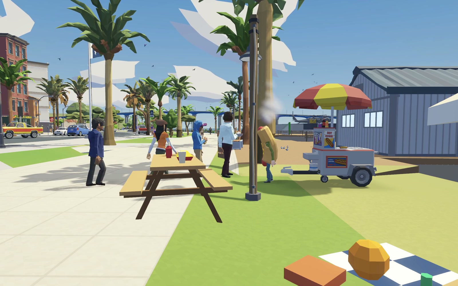 Two residents approach a waterfront food stand and stop for food.